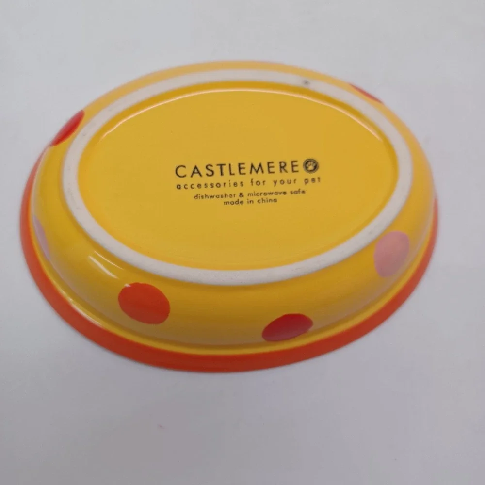 Castlemere Ceramic Pet Bowl Orange Green Polka Dot Cat Oval Dish Dishwasher Safe